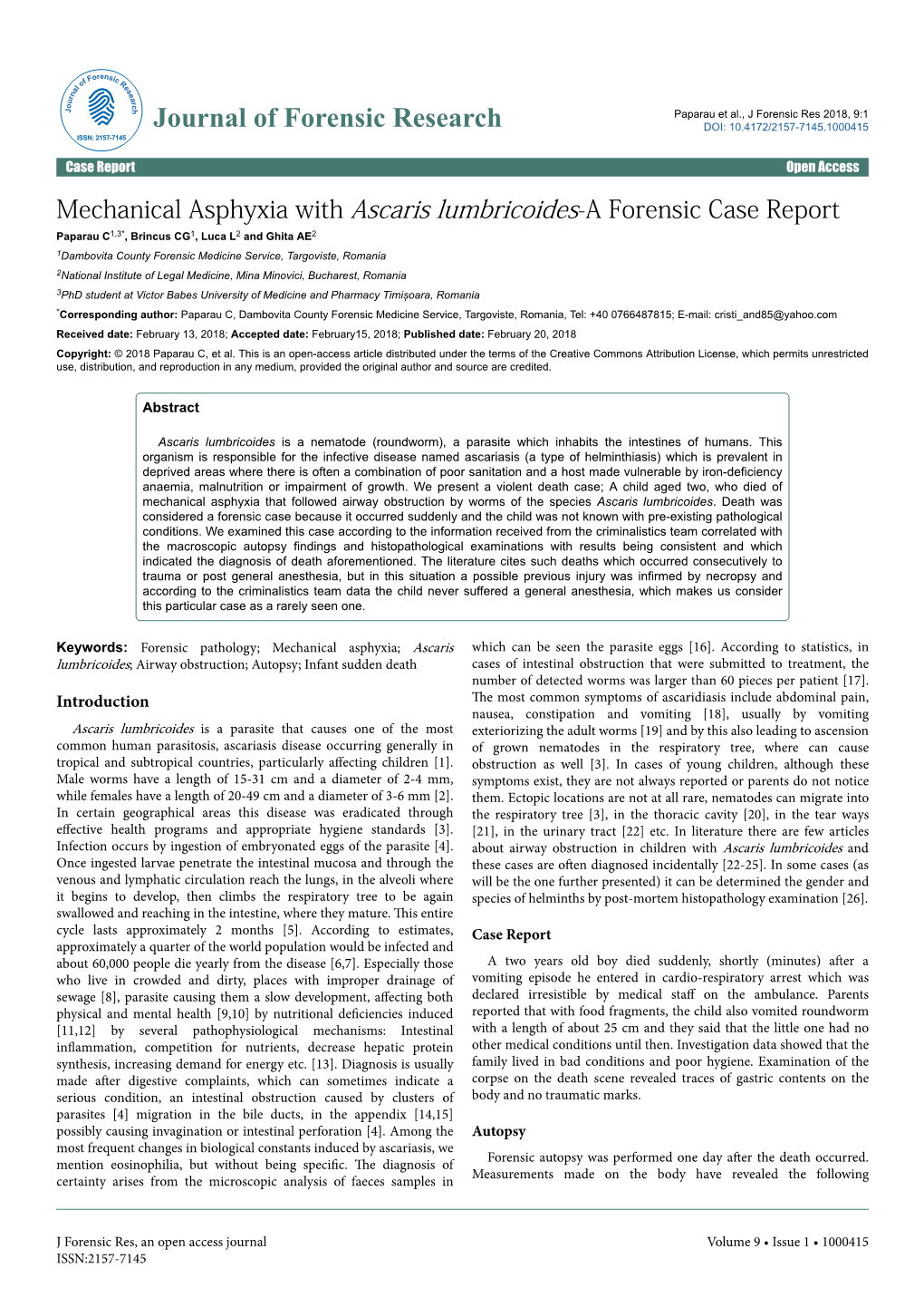 Mechanical Asphyxia with Ascaris Lumbricoides-A Forensic Case Report