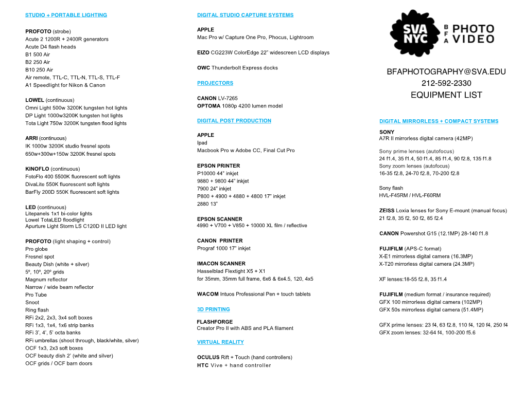 Department Equipment List