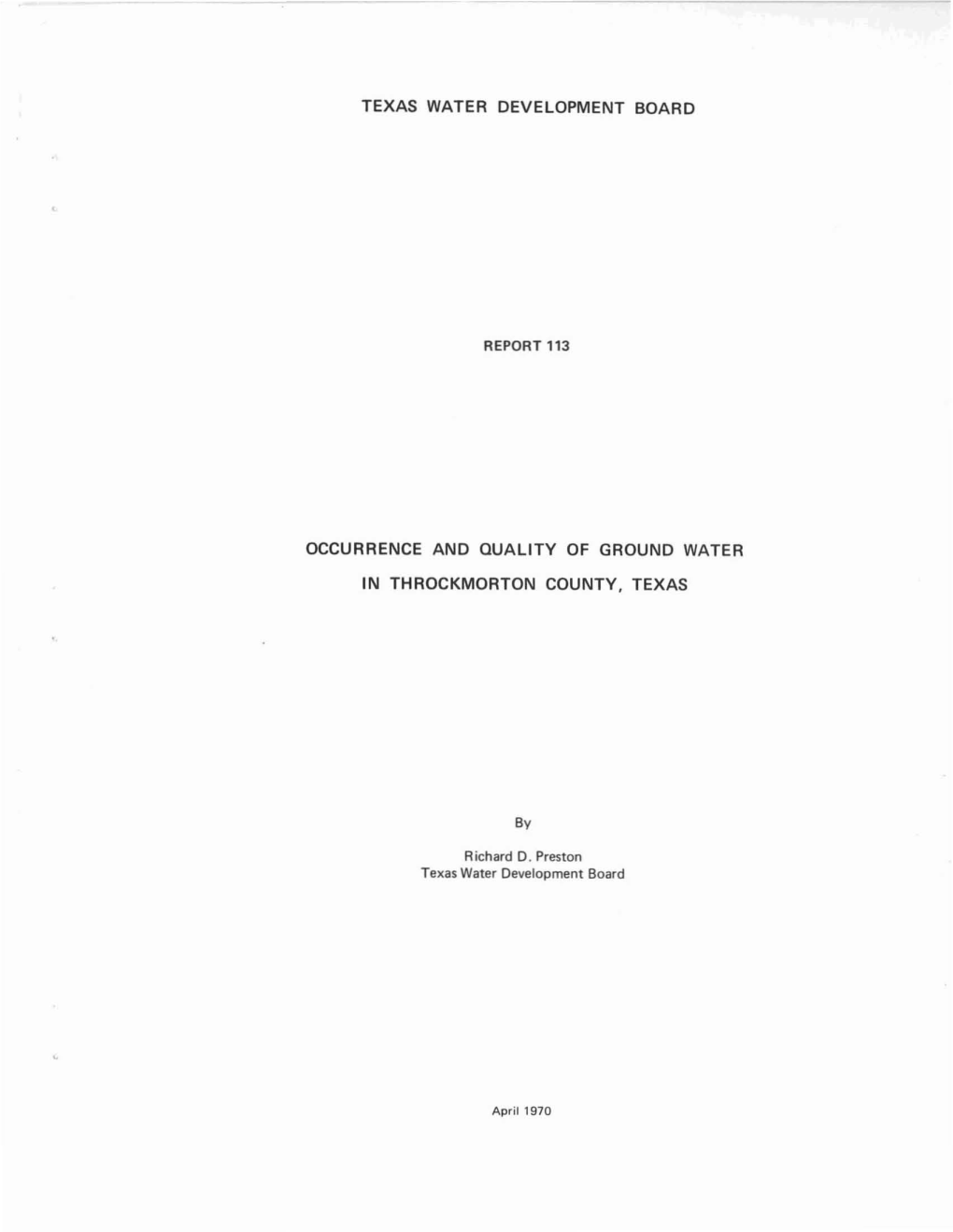 Occurence and Quality of Ground Water in Throckmorton County, Texas