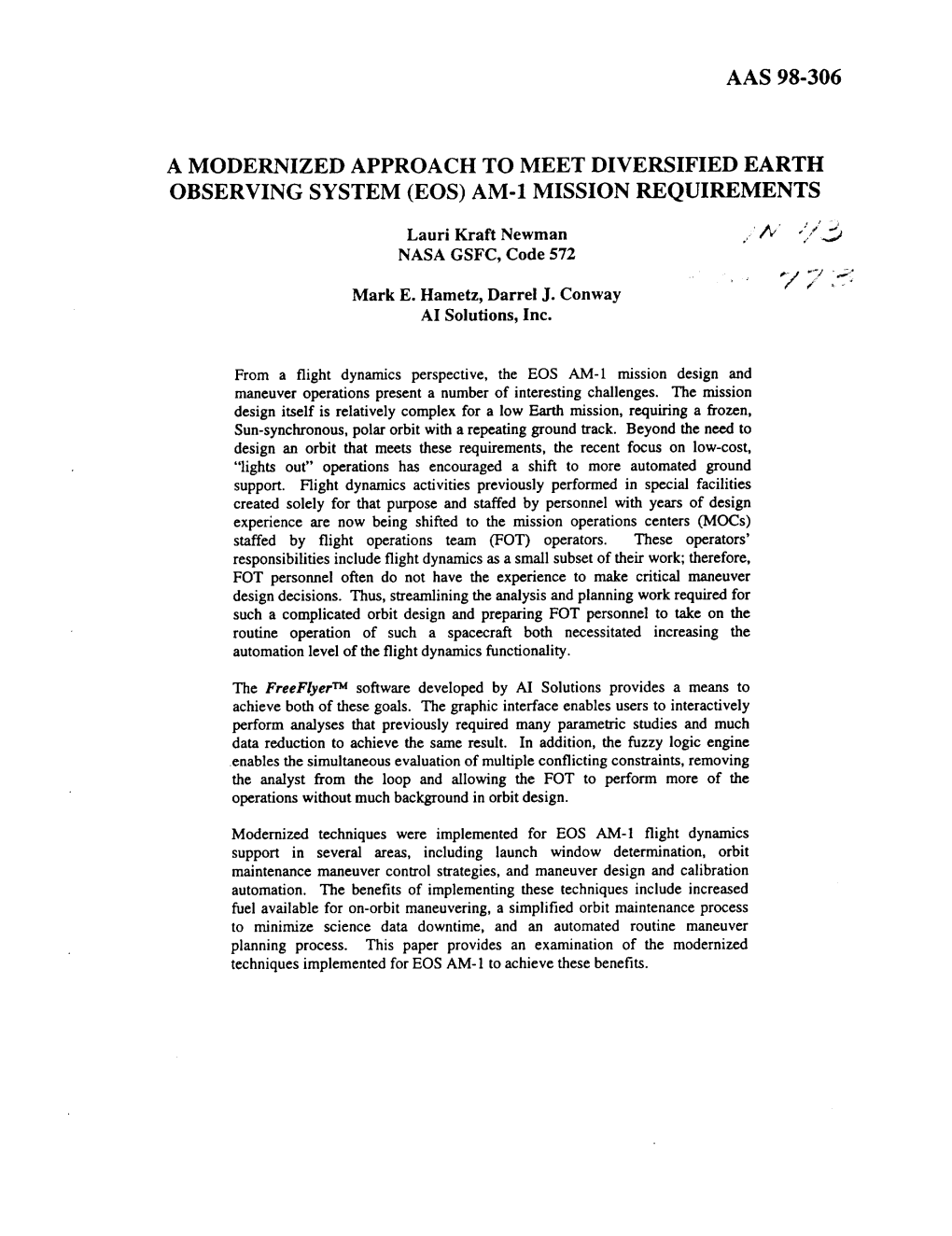 Aas 98-306 a Modernized Approach to Meet Diversified Earth Observing System (Eos) Am-1 Mission Requirements