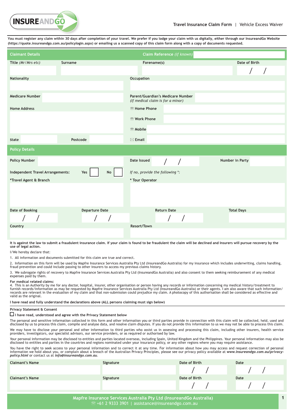 Vehicle Excess Waiver Claim Form