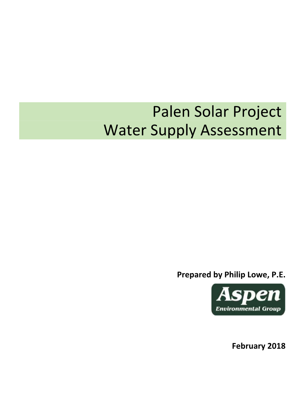 Palen Solar Project Water Supply Assessment