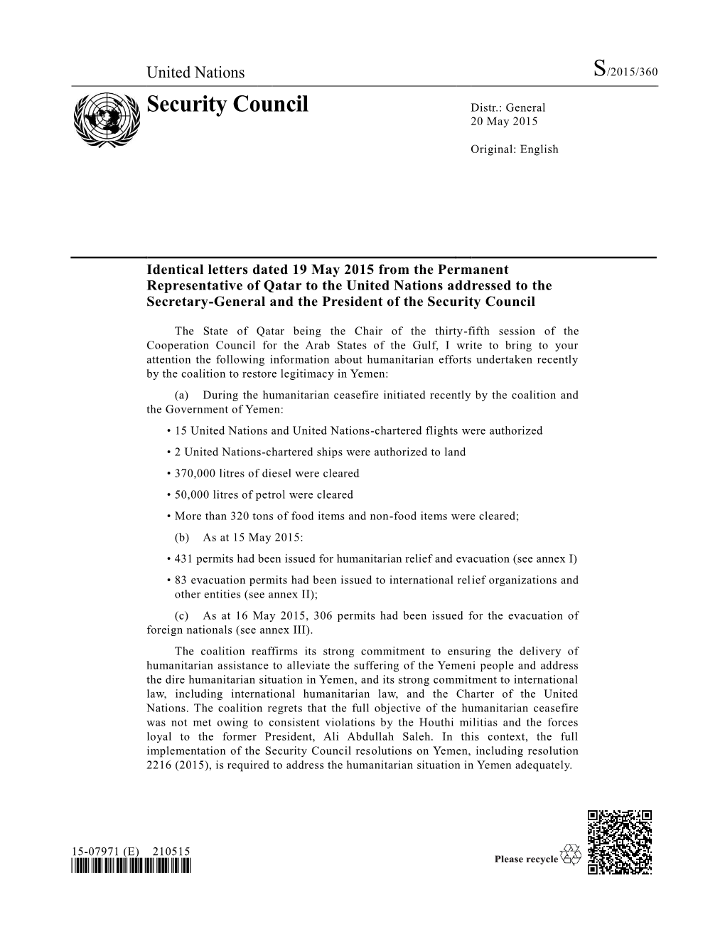 Security Council Distr.: General 20 May 2015