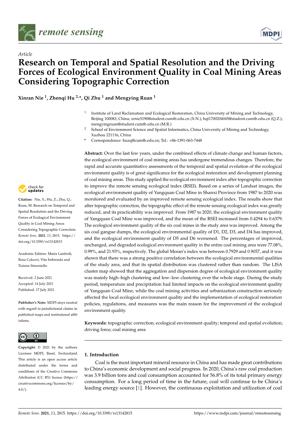 Research on Temporal and Spatial Resolution and the Driving Forces of Ecological Environment Quality in Coal Mining Areas Considering Topographic Correction