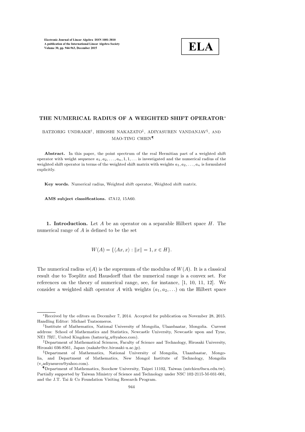 The Numerical Radius of a Weighted Shift Operator∗ 1