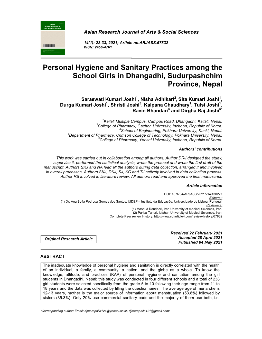 Personal Hygiene and Sanitary Practices Among the School Girls in Dhangadhi, Sudurpashchim Province, Nepal