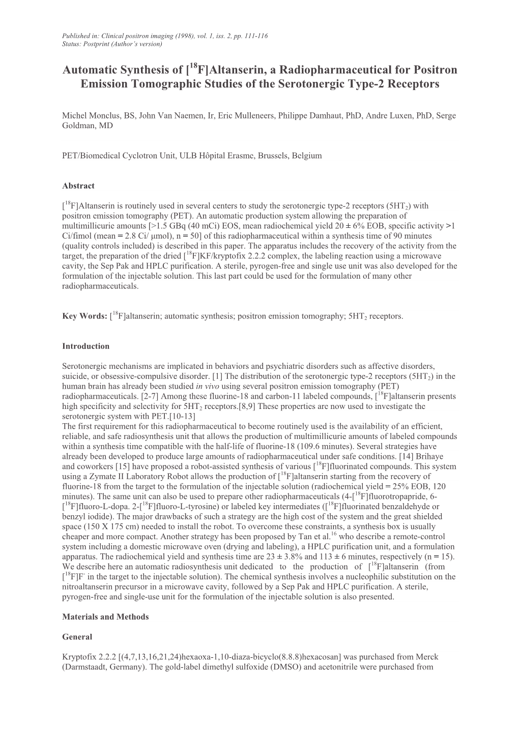 Automatic Synthesis of [ F]Altanserin, a Radiopharmaceuticalfor