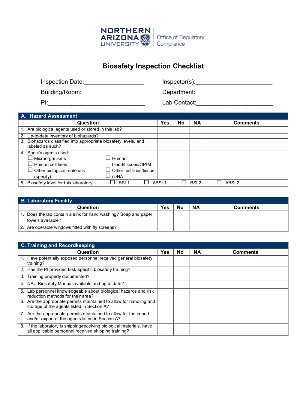 Biosafety Inspection Checklist