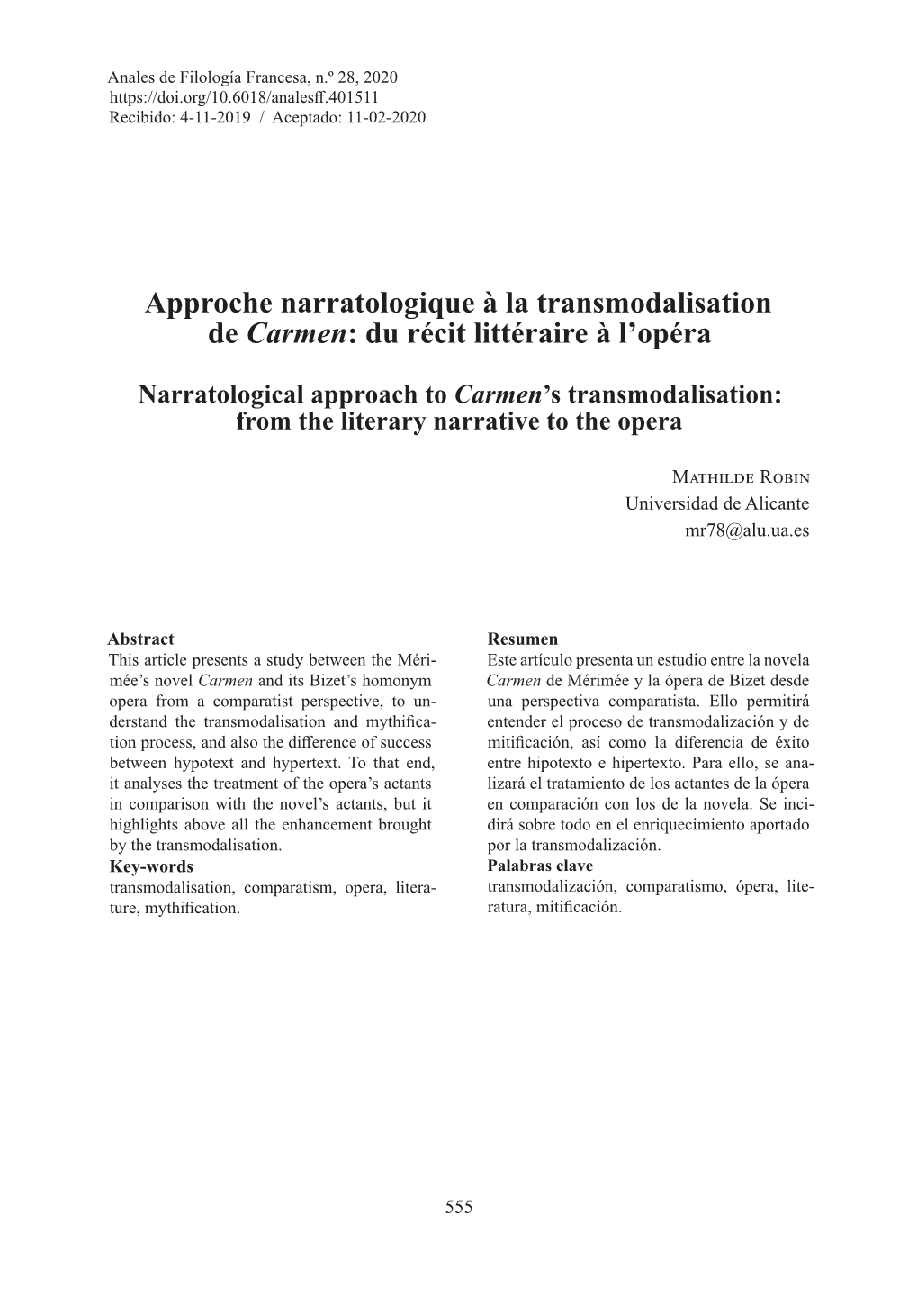 Approche Narratologique À La Transmodalisation De Carmen: Du Récit Littéraire À L’Opéra