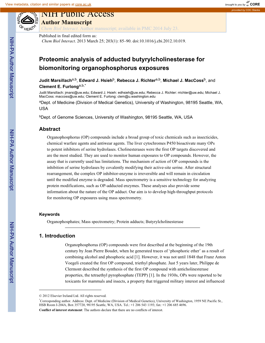 NIH Public Access Provided by CDC Stacks Author Manuscript Chem Biol Interact