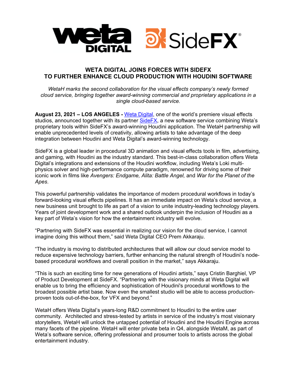 Weta Digital Joins Forces with Sidefx to Further Enhance Cloud Production with Houdini Software