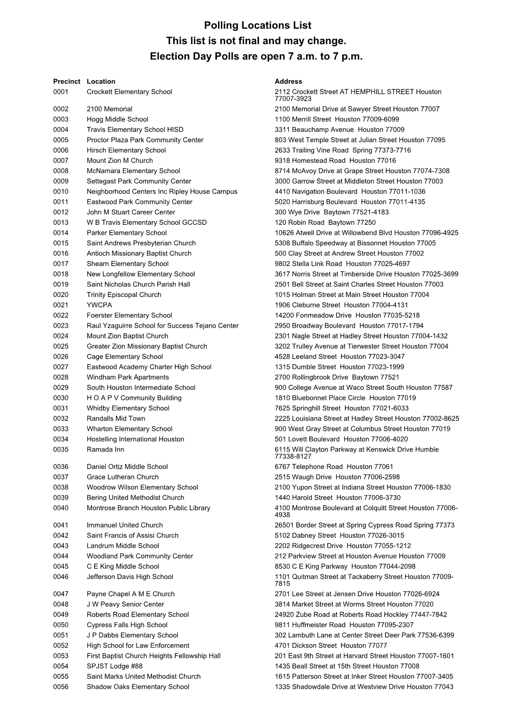 Polling Locations List This List Is Not Final and May Change. Election Day Polls Are Open 7 A.M