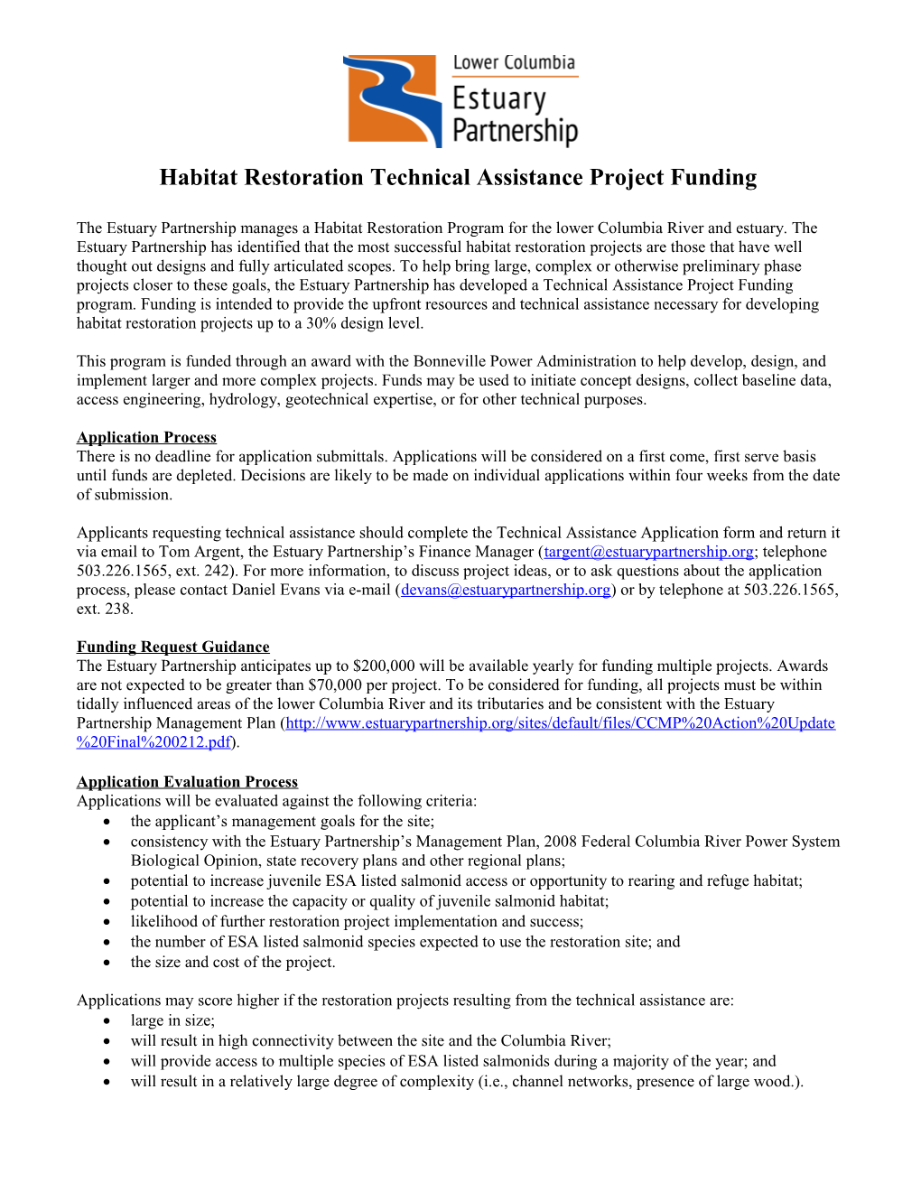 Habitat Restoration Technical Assistance Project Funding