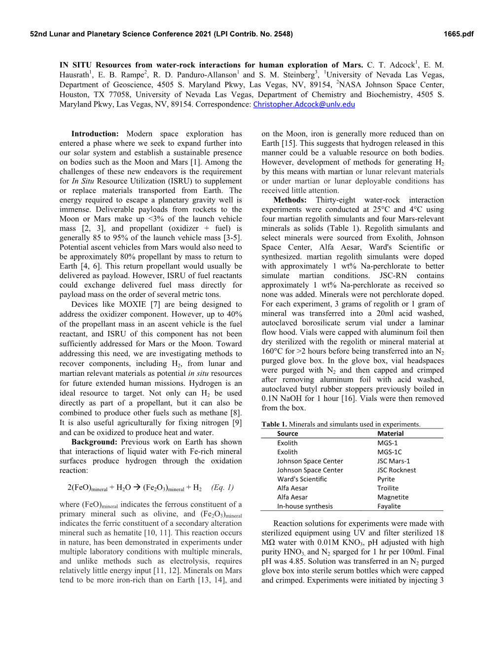 IN SITU Resources from Water-Rock Interactions for Human Exploration of Mars