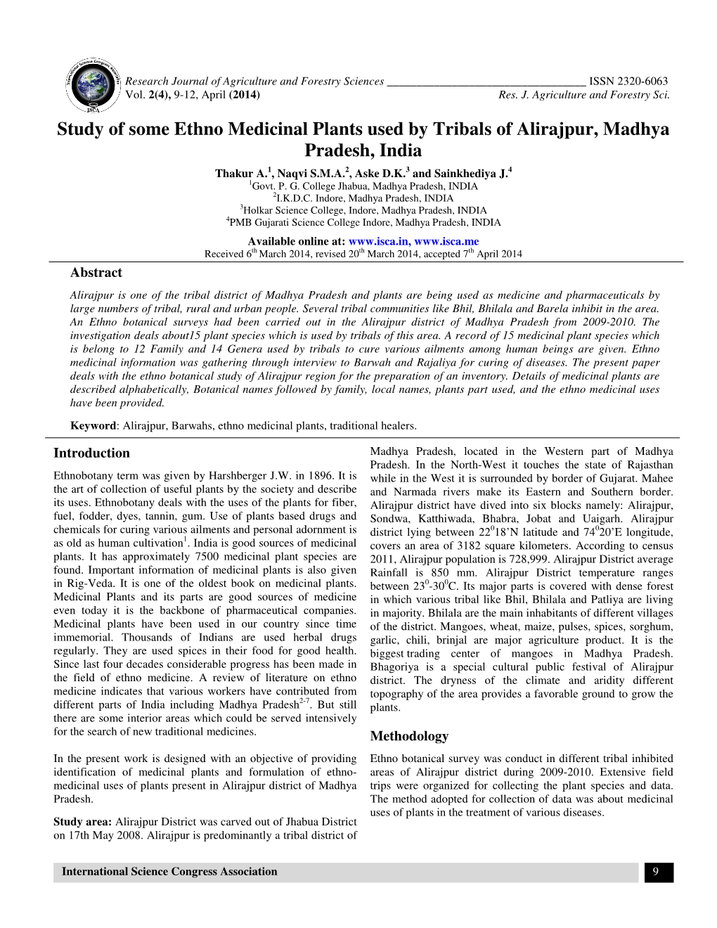 Study of Some Ethno Medicinal Plants Used by Tribals of Alirajpur, Madhya Pradesh, India Thakur A