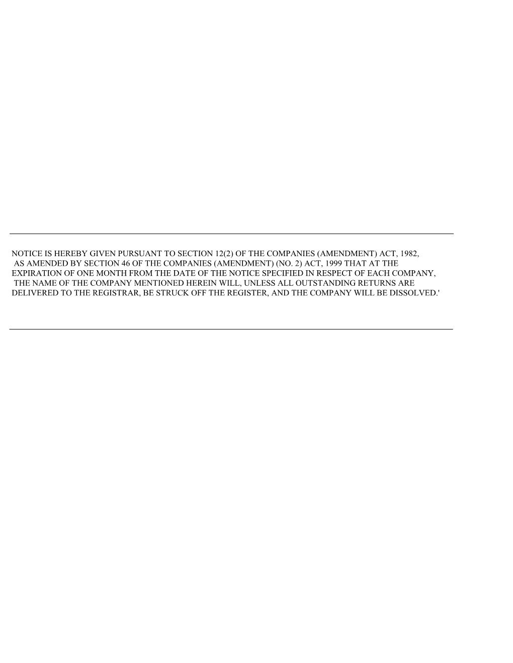 Notice Is Hereby Given Pursuant to Section 12(2) of the Companies (Amendment) Act, 1982, As Amended by Section 46 of the Companies (Amendment) (No