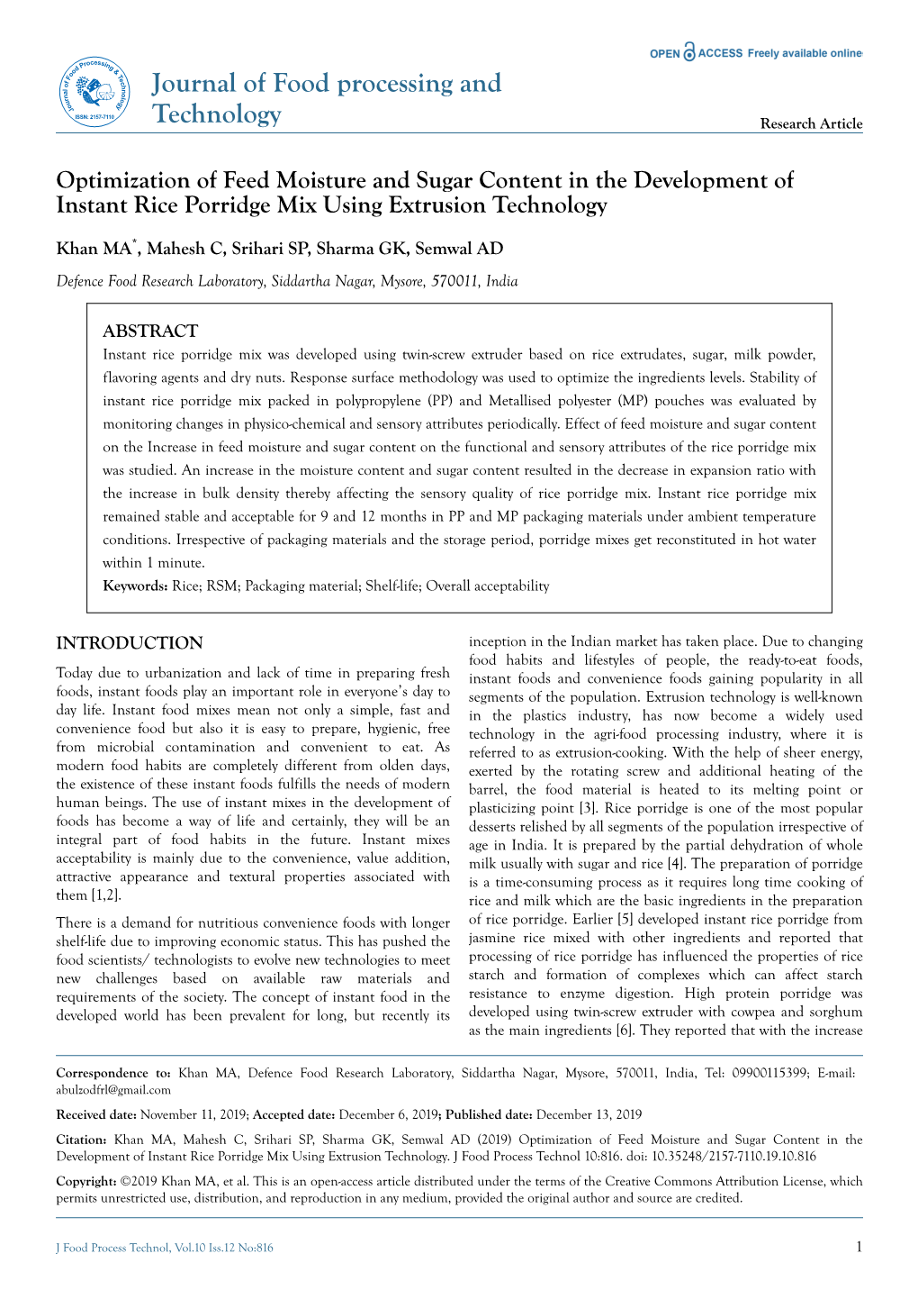 Optimization of Feed Moisture and Sugar Content in the Development of Instant Rice Porridge Mix Using Extrusion Technology