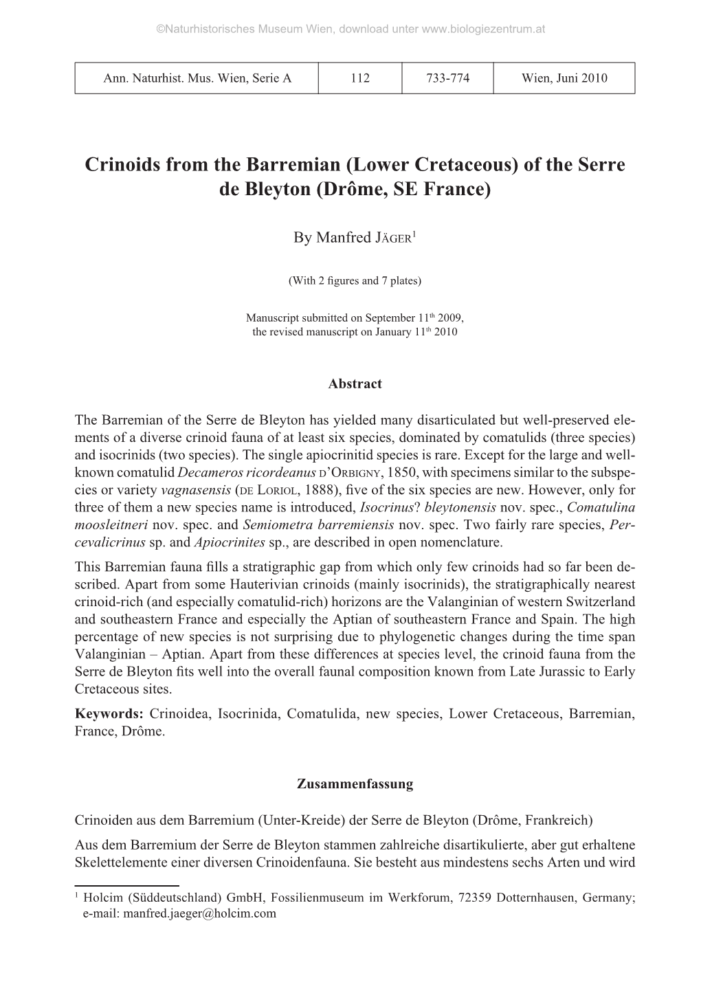 Crinoids from the Barremian (Lower Cretaceous) of the Serre De Bleyton (Drôme, SE France)