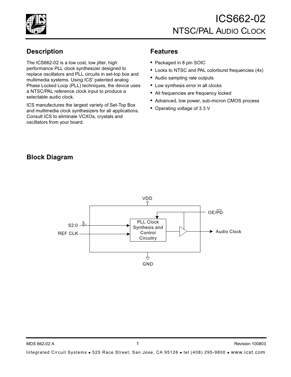 Ics662-02 Ntsc/Pal Audio Clock