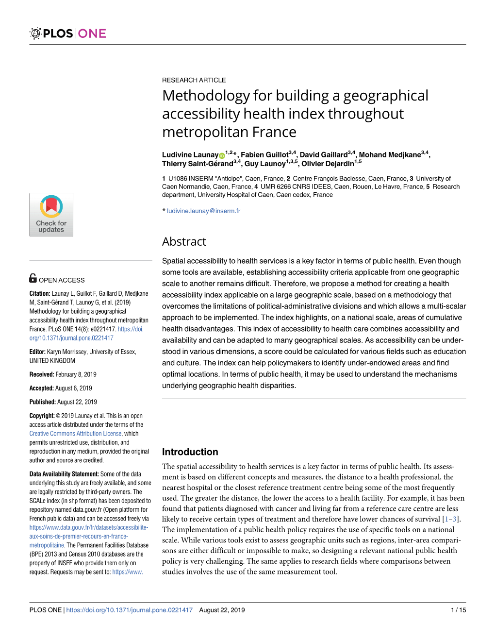 Methodology for Building a Geographical Accessibility Health Index Throughout Metropolitan France