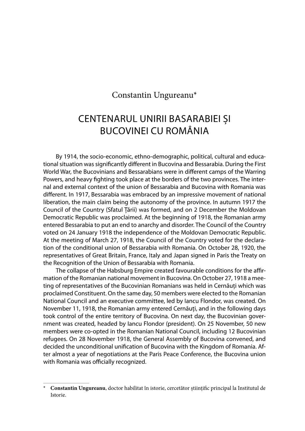 Centenarul Unirii Basarabiei Și Bucovinei Cu România