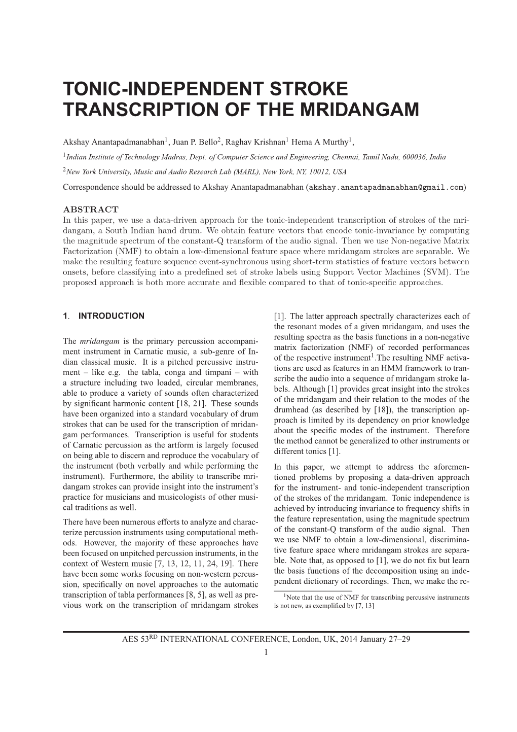 Tonic-Independent Stroke Transcription of the Mridangam