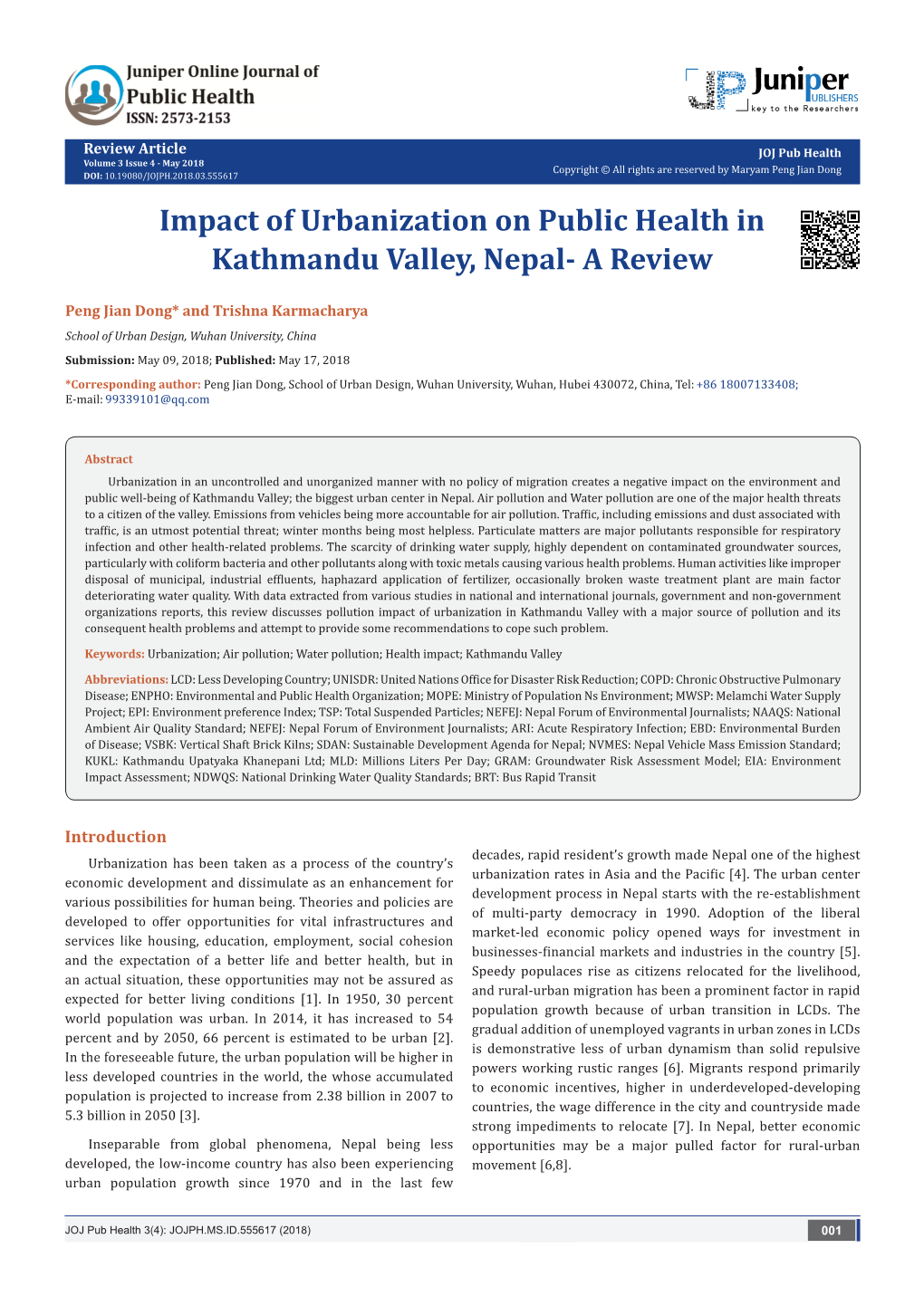 Impact of Urbanization on Public Health in Kathmandu Valley, Nepal- a Review