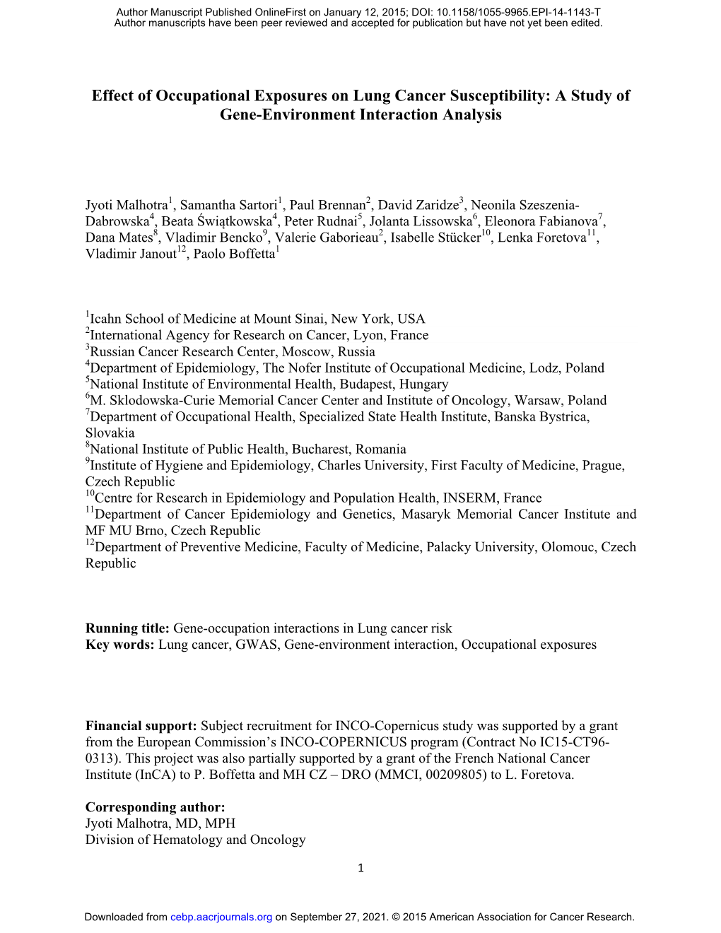 Effect of Occupational Exposures on Lung Cancer Susceptibility: a Study of Gene-Environment Interaction Analysis