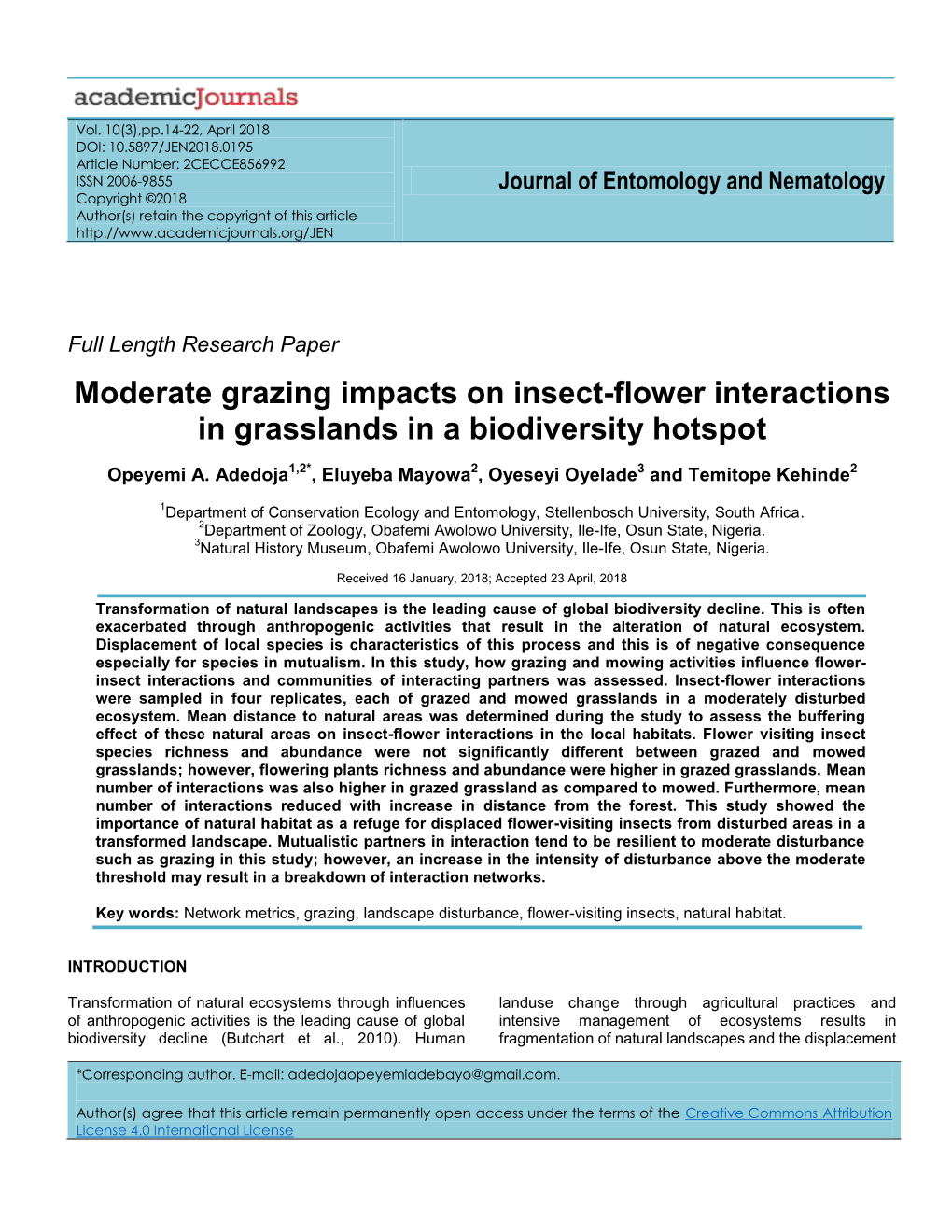 Moderate Grazing Impacts on Insect-Flower Interactions in Grasslands in a Biodiversity Hotspot