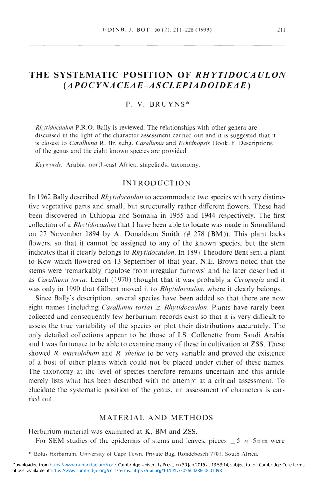 The Systematic Position of Rhytidocaulon (Apocynaceae-Asclepiadoideae)