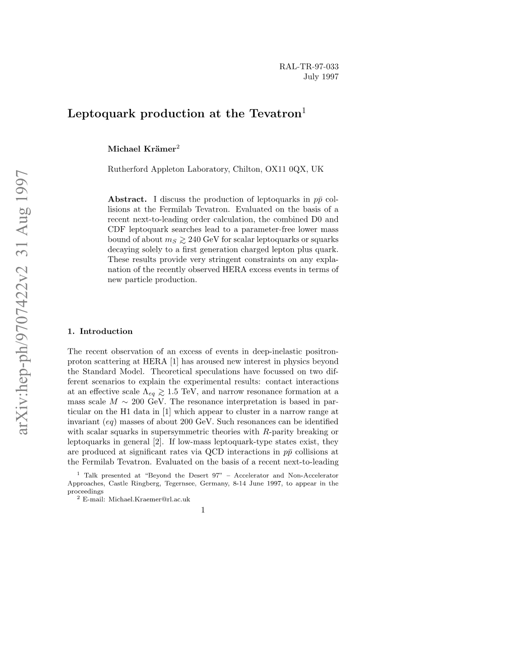 Leptoquark Production at the Tevatron