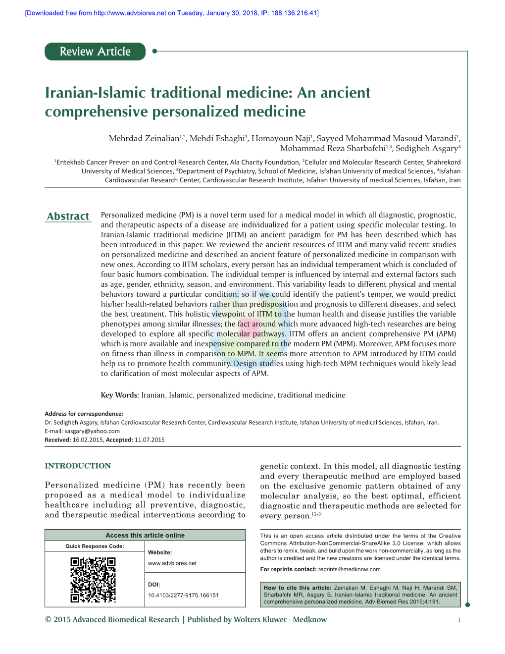 Iranian‑Islamic Traditional Medicine: an Ancient Comprehensive Personalized Medicine