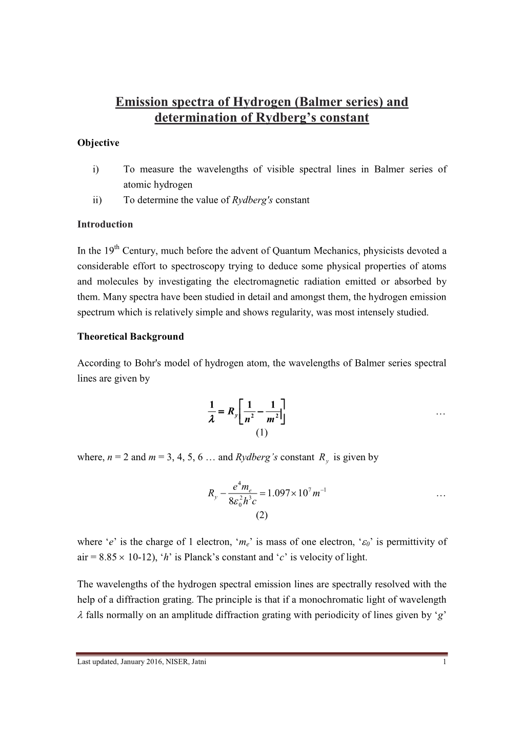 Emission Spectra of Hydrogen (Balmer Series) and Determination of Rydberg's Constant