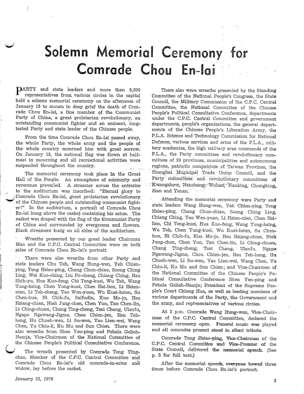 Solemn Memorial Ceremony for Comrade Chou En-Lai