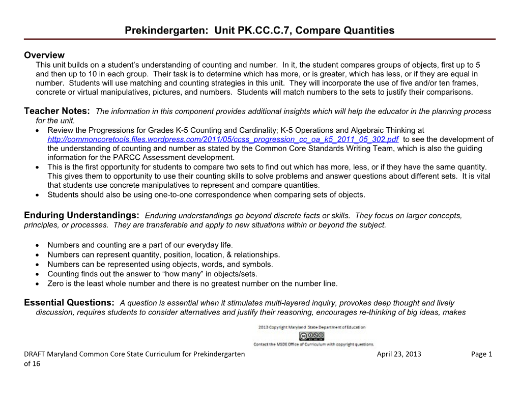 Prekindergarten: Unit PK.CC.C.7, Compare Quantities