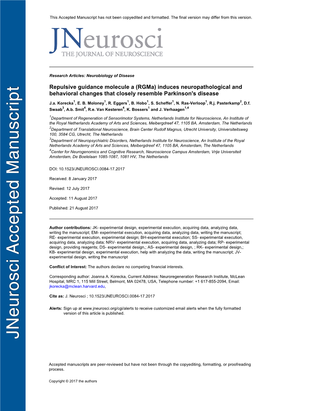 Rgma) Induces Neuropathological and Behavioral Changes That Closely Resemble Parkinson's Disease