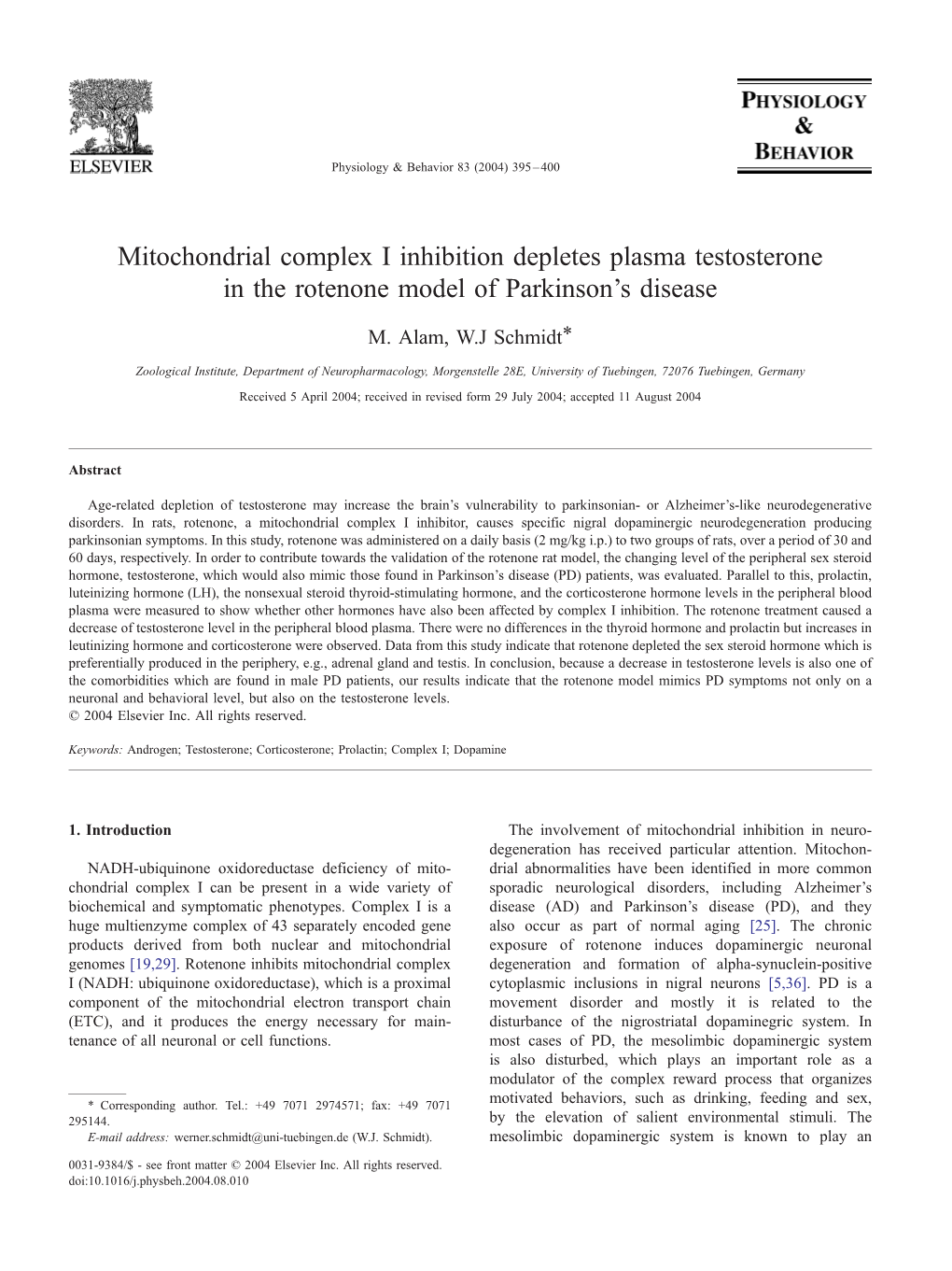 Mitochondrial Complex I Inhibition Depletes Plasma Testosterone in the Rotenone Model of Parkinson’S Disease