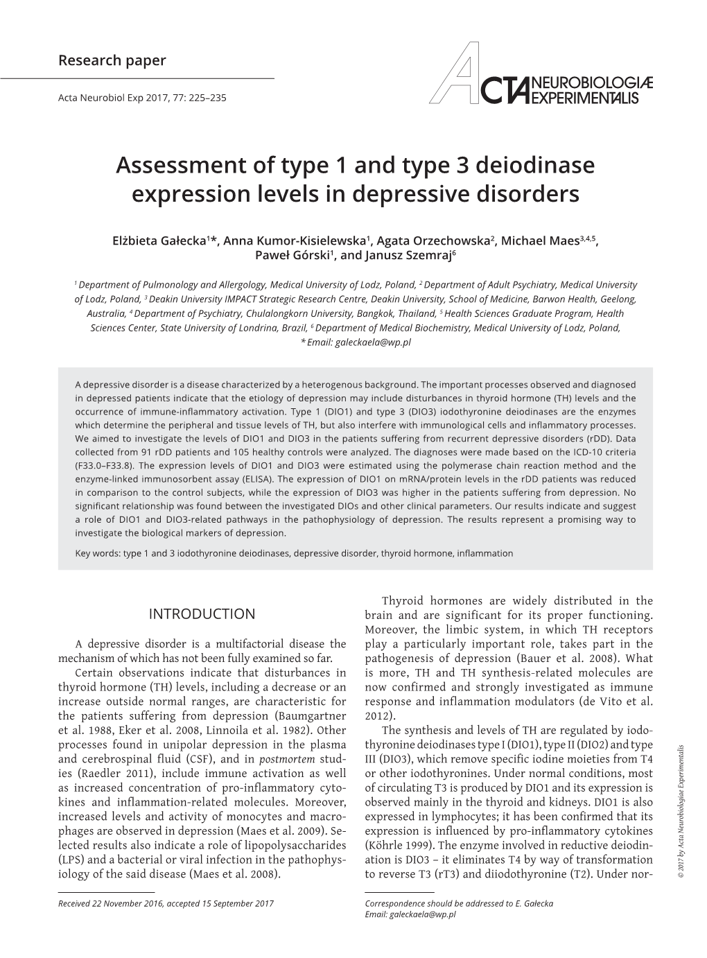 Assessment of Type 1 and Type 3 Deiodinase Expression Levels In