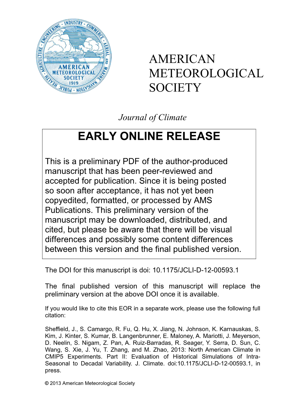 American Meteorological Society Manuscript (Non-Latex) Click Here to Download Manuscript (Non-Latex): Paper1 Part2 CMIP5 20C Evaluations Revised Final 2.Doc