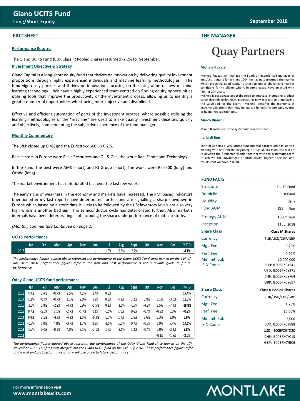 Giano UCITS Fund Long/Short Equity September 2018