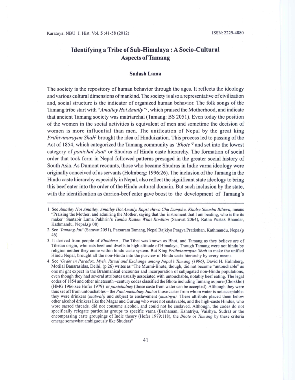 Identifying a Tribe of Sub-Himalaya : a Socio-Cultural Aspects Oftamang