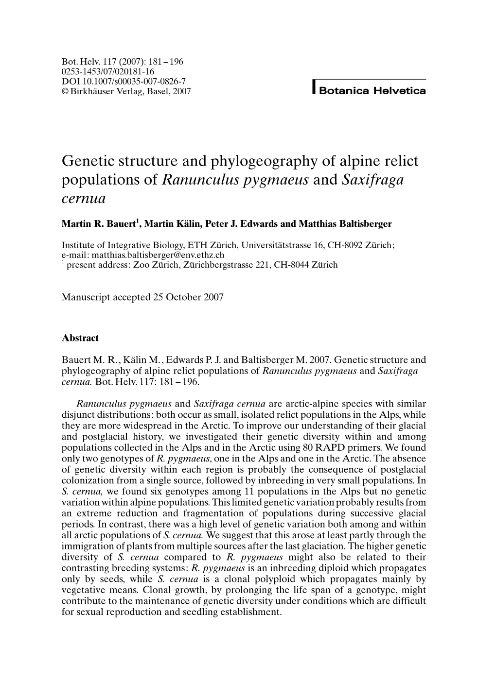Genetic Structure and Phylogeography of Alpine Relict Populations of Ranunculus Pygmaeus and Saxifraga Cernua