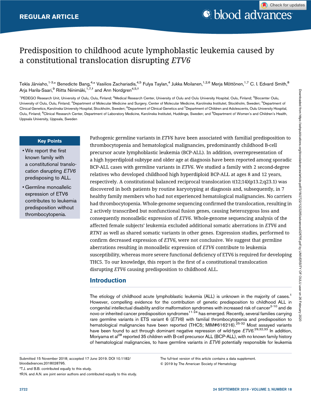 Predisposition to Childhood Acute Lymphoblastic Leukemia Caused by a Constitutional Translocation Disrupting ETV6