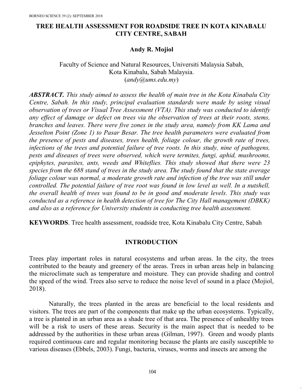 Tree Health Assessment for Roadside Tree in Kota Kinabalu City Centre, Sabah