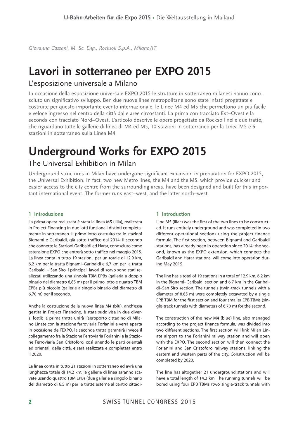 Lavori in Sotterraneo Per EXPO 2015 Underground Works for EXPO 2015