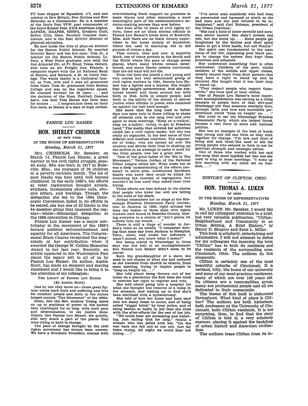 8378 HON. SHIRLEY CHISHOLM March 21, 1977 HON. THOMAS A. LUKEN