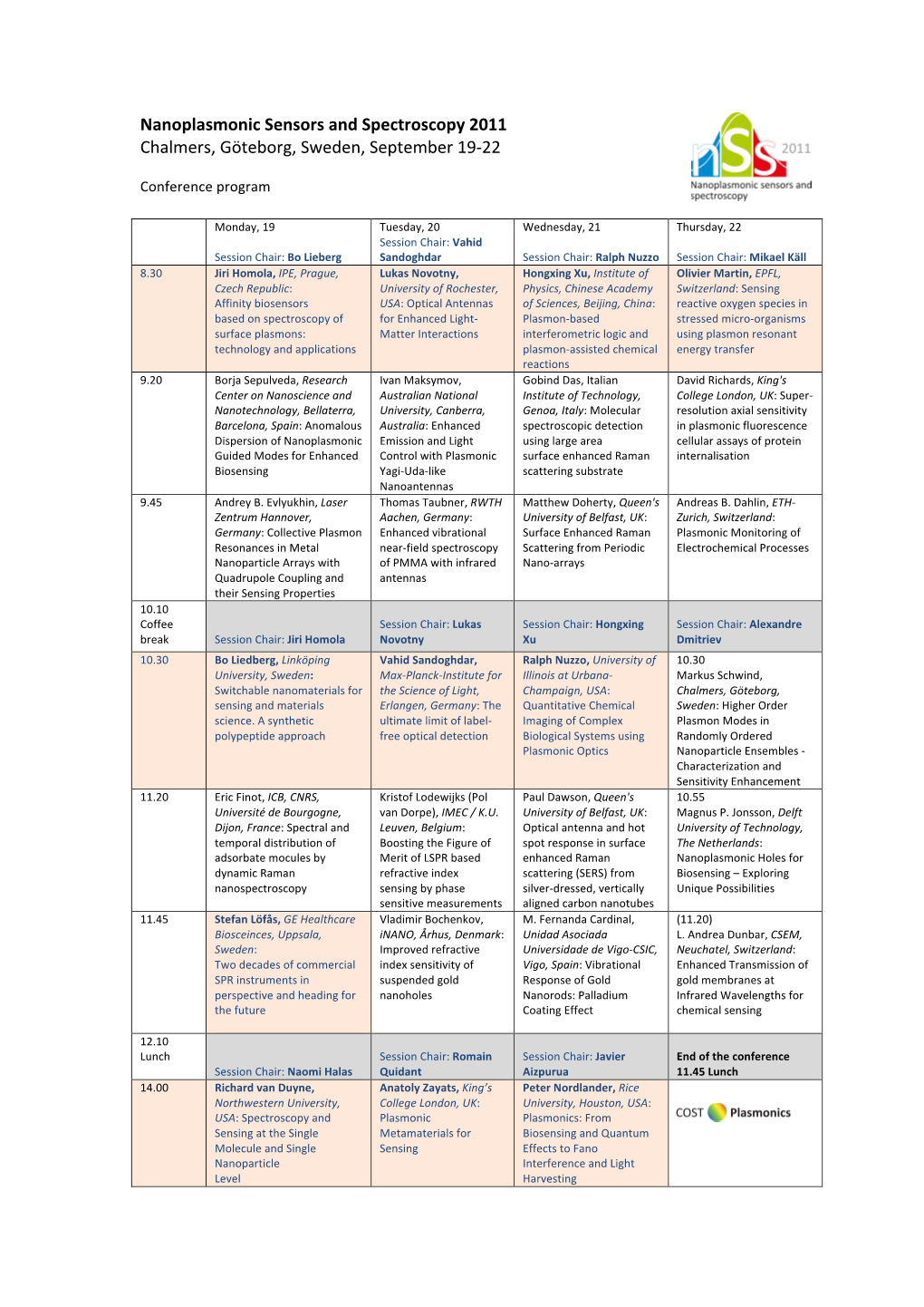 Nanoplasmonic Sensors and Spectroscopy 2011 Chalmers, Göteborg, Sweden, September 19-22