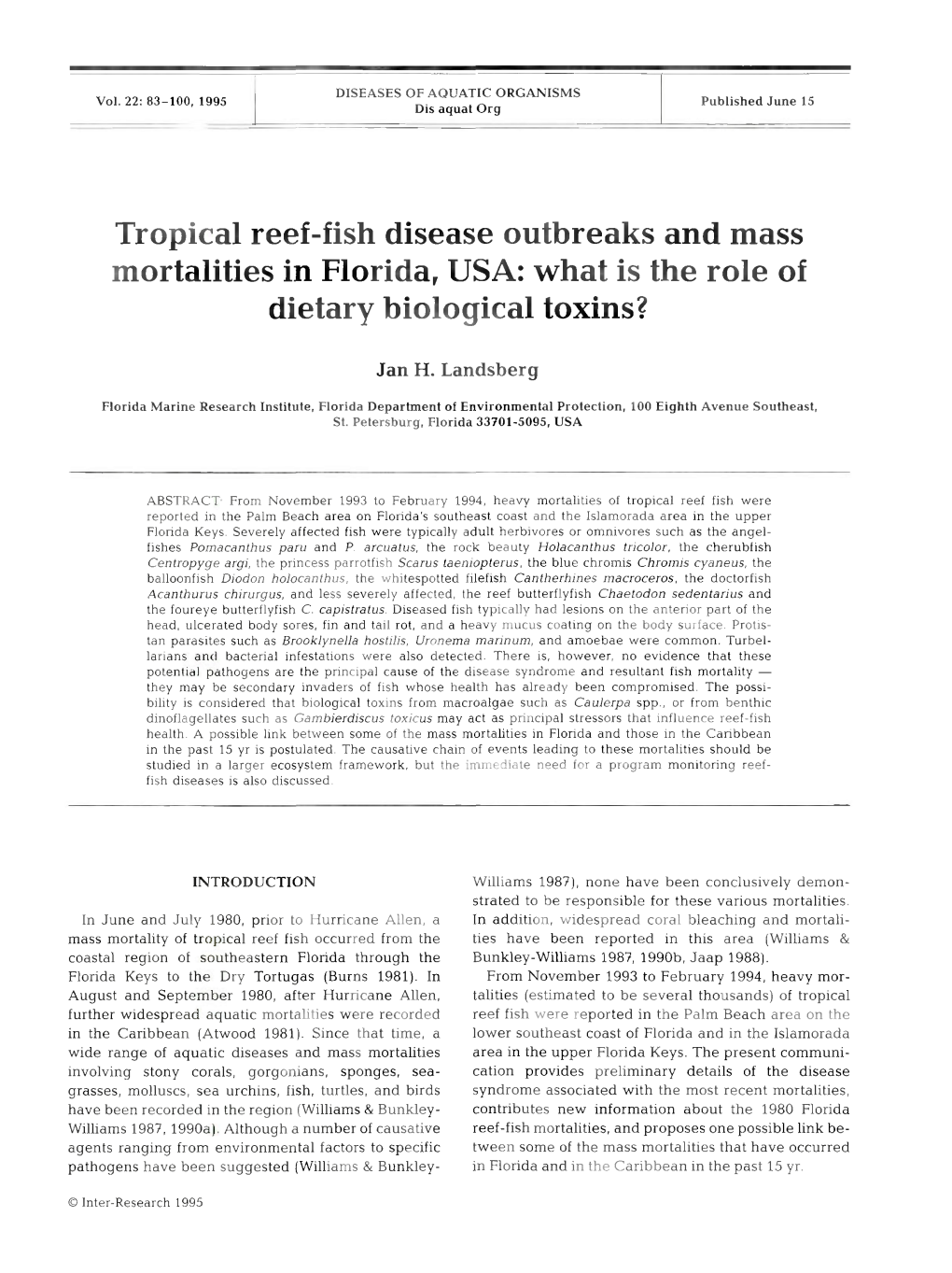 Tropical Reef-Fish Disease Outbreaks and Mass Mortalities in Florida, USA: What Is the Role of Dietary Biological Toxins?