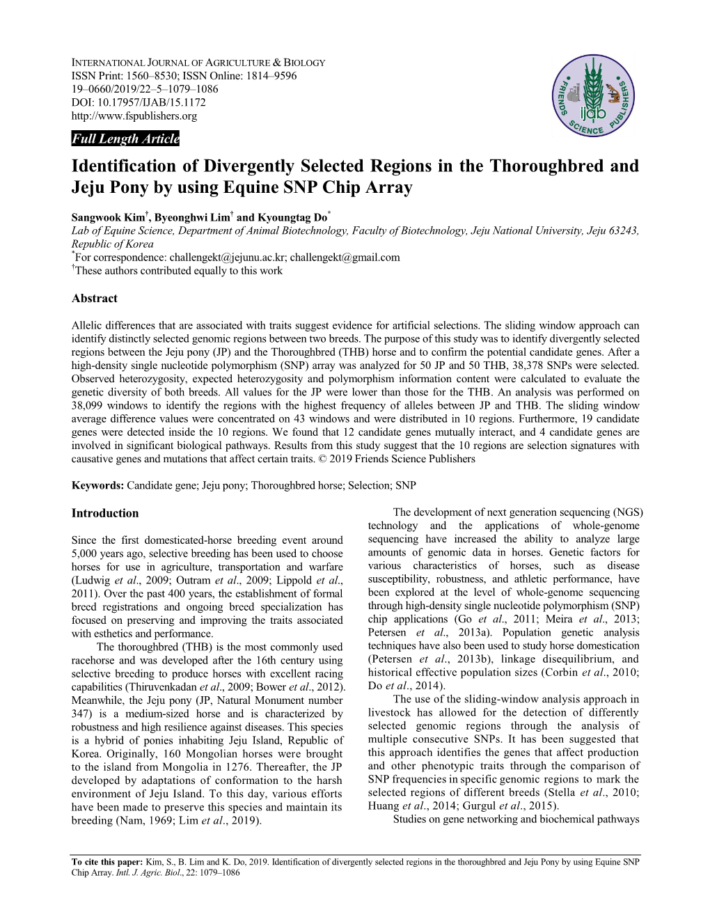 Identification of Divergently Selected Regions in the Thoroughbred and Jeju Pony by Using Equine SNP Chip Array