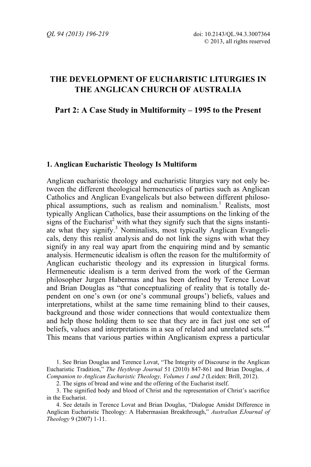 The Development of Eucharistic Liturgies in the Anglican Church of Australia